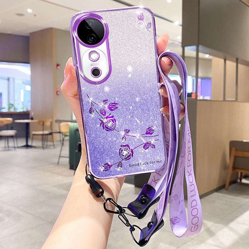 

For vivo S19 5G Gradient Case Flower Aesthetics Pattern TPU Phone Cover with Lanyard Purple