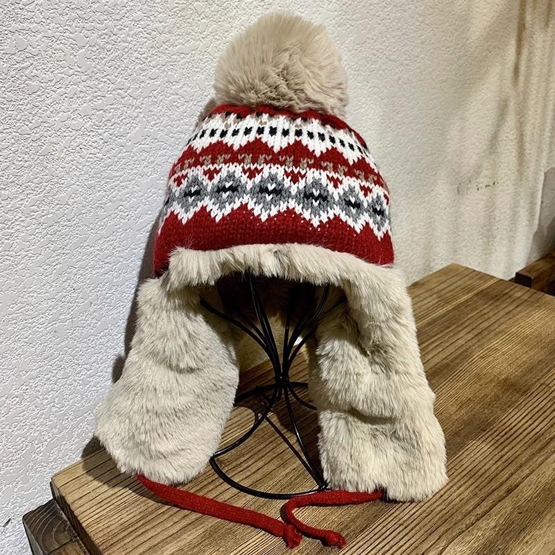 Winter Warm Cute Pom-pom Earflap Beanie Hat For Women High Top Short Brim Knit Ear Warmer Cap Trendy Red
