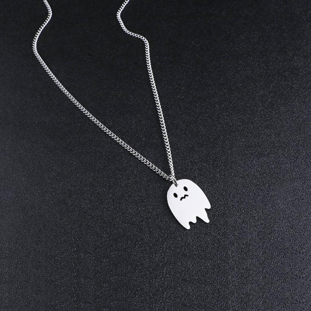 Sad Ghost Pendant Necklace for Women Men Stainless Steel Jewelry Halloween Child's Gift