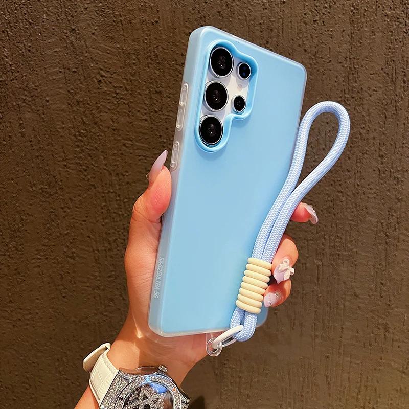2 In1 Candy Color Matte With Lanyard Case For Samsung Galaxy S25 S24 S23 S22 Ultra Plus S25FE S24FE S23FE S21FE Shockproof Cover