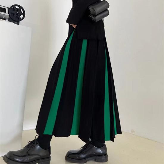 Women Midi Skirt High Waist Patchwork Color Pleated Skirt Autumn