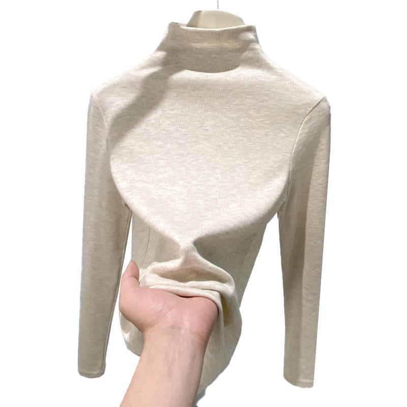 Women's H393 High Neck Warm Slimming Long Sleeve Top - Autumn/Winter Solid Color Versatile Mid-Neck Base Layer Shirt.