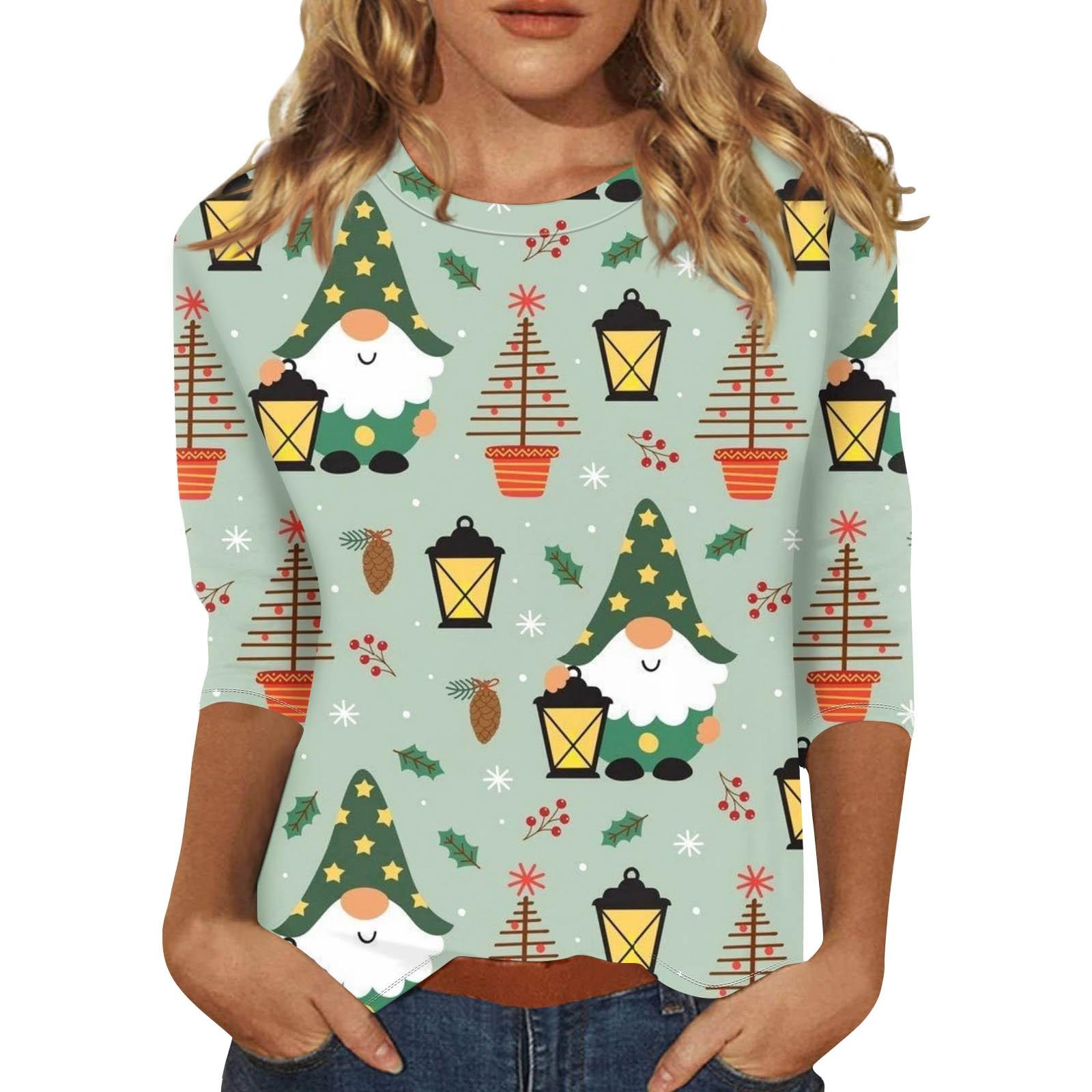 

Женская мода повседневная рубашка с круглым вырезом и рождественским принтом, семь рукавов XXXXXL