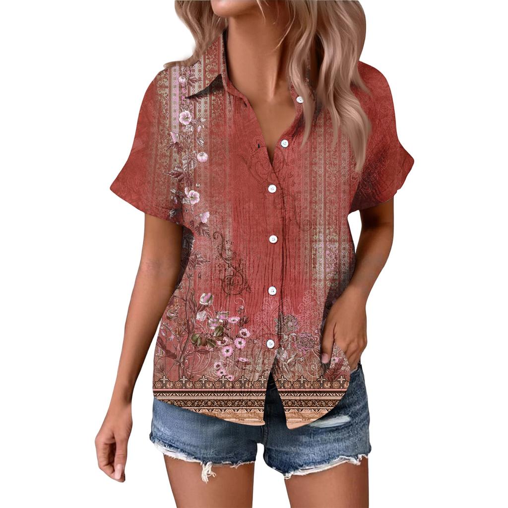Women's Fashionable Casual Loose Floral Print Short-sleeved Shirt