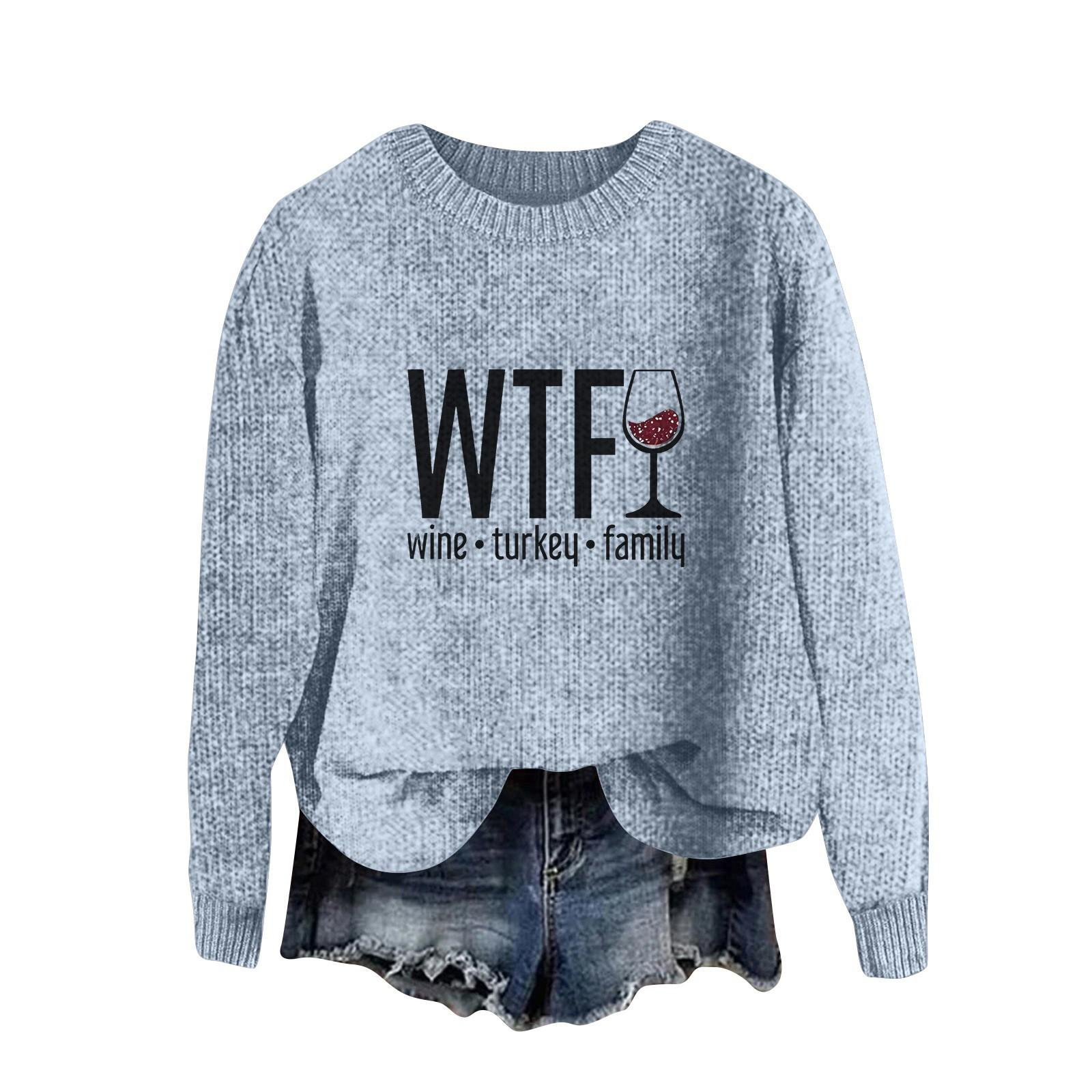 

Женская мода круглый вырез повседневный длинный рукав с принтом в честь Дня благодарения шерстяной трикотажный топ L