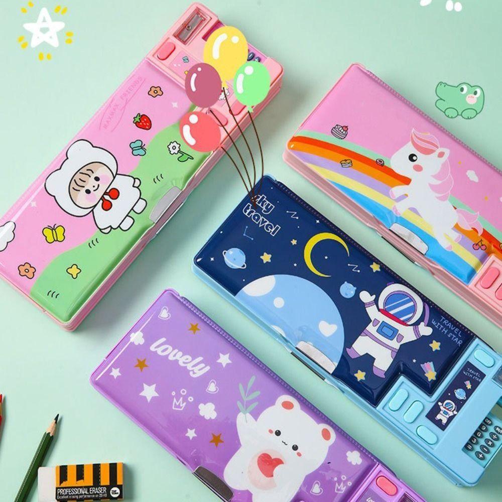 Double Layer Pencil Case With Calculator Pencil Sharpener Stationery Storage Box Plastic Astronaut/Animal Design