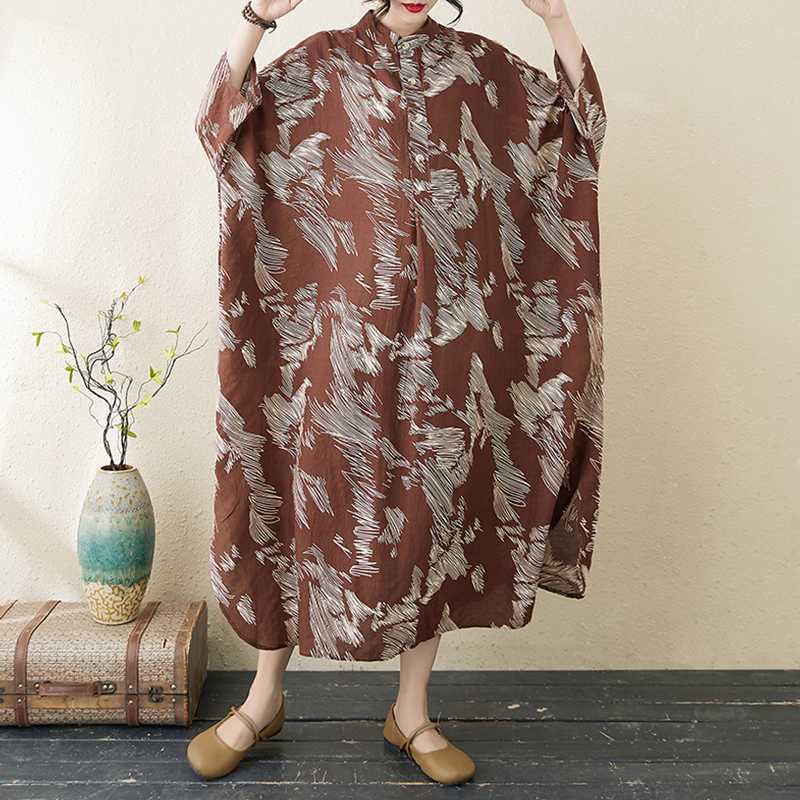 Temperament Literary Vintage Printed Stand Collar Loose Oversized Vacation Dresses