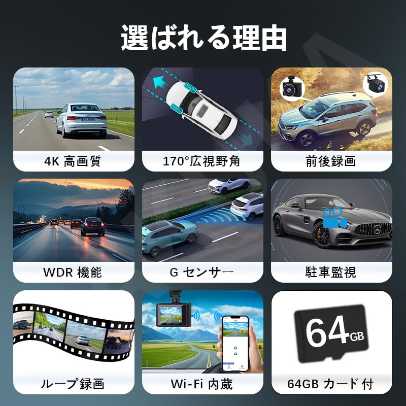 Dash Cam with Front and Rear 4K Full Continuous Impact Loop Parking LED Traffic Light Direct Power 64GB Card Included Cameras, 170° Ultra-Wide Angle,