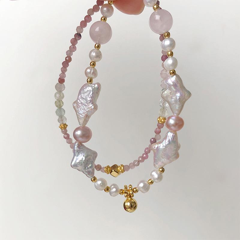 

Браслет из серебра 925 пробы с барочным жемчугом и розовым турмалином, двухслойный, с застежкой OT 925 Silver