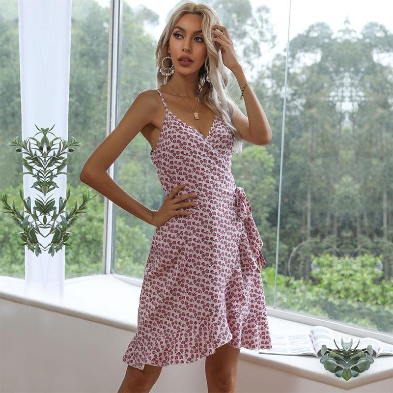 Seaside skirt European and American suspender print irregular ruffle edge one-piece dress