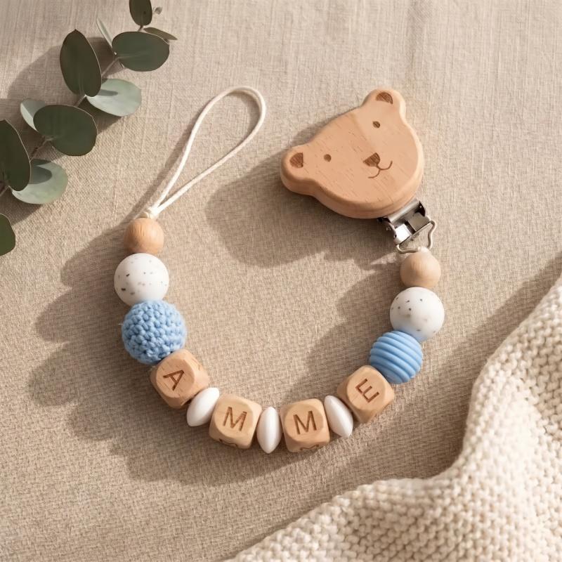 Handmade Personalized Baby Pacifier Clip Custom Name Silicone Teething Beads Holder Beech Wood Soother Chain for Infant Toddler