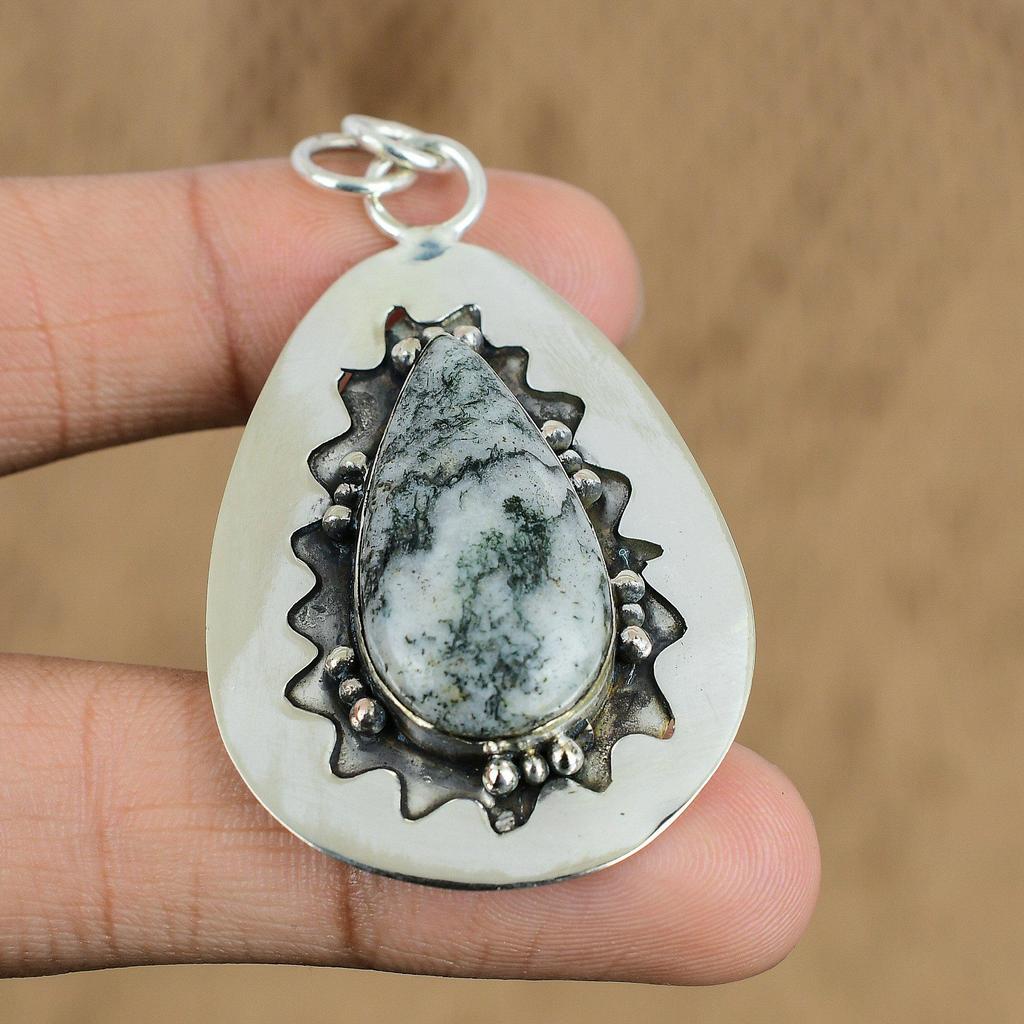 Pear Moss Agate Gemstone Daughter Wedding Anniversary Pendant Jewelry 925 Silver