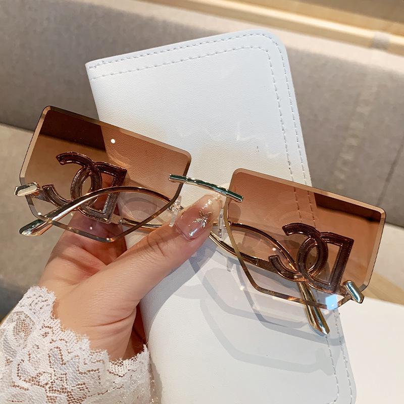 Women's Rimless Large Square Sunglasses with Metal Lettered Temples - Stylish and Popular Mirror Design