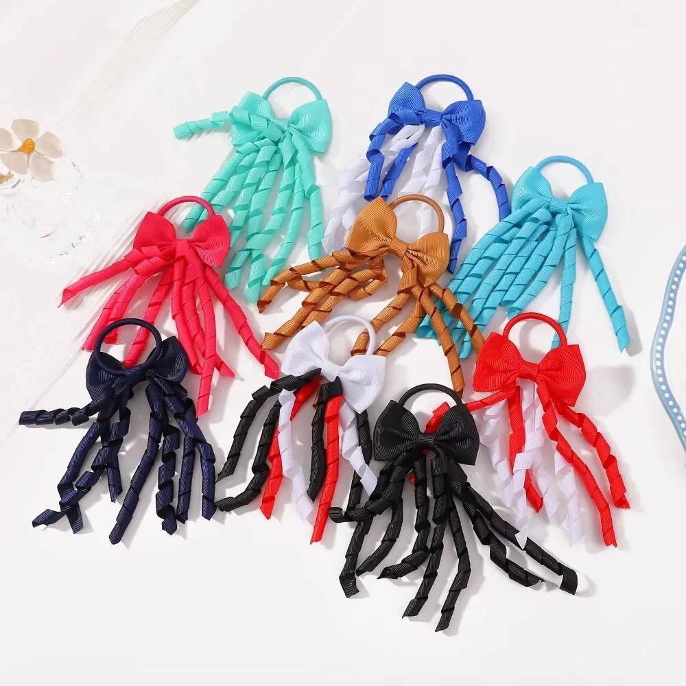 RAINBOW BOWS Grosgrain Ribbon Long Hair Ties Bows for Baby Girls Curly Hair Bows Elastic Colorful Kids Hair Band 2Pcs/lot Whole