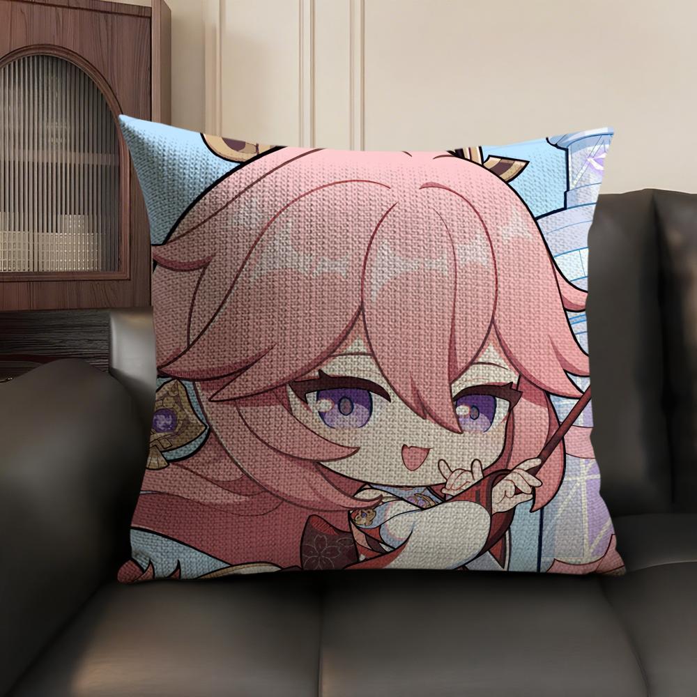 Yae Miko Cute Genshin Impact Cushion Cover Natural Linen Organic Fabric DoubleSided Printing Sofa Home Decor Gift Pillow Case