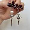 Temperament Goth Handmade Silver Color Bowknot Rivets Tassel Heart Pendant Asymmetry Dangle Earrings for Women Halloween Jewelry