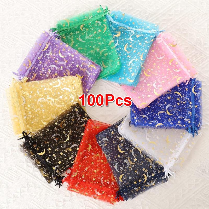

100 Pieces Moon Star Organza Bags, Mixed Color Christmas Wedding Favors Gift Drawstring Bags Jewelry Pouches Candy Mesh Pouches