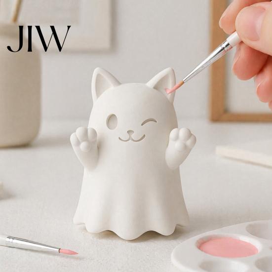 White PLA Craft Molds 3D Printed Cute Ghost Cat Figurine, Wink Smile Surprise Spooky Halloween Decor, Blank DIY Ornaments Paintable Statue,