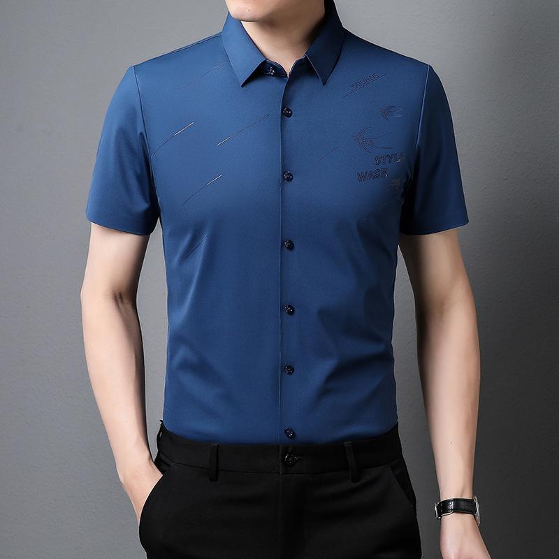 Cămașă bărbătească fără sudură cu mânecă scurtă, cămașă subțire de vară, pentru bărbați tineri și de vârstă mijlocie, din nailon elastic, fără călcare, de afaceri, casual
