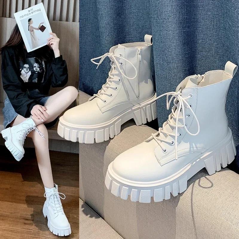 Platform Ankle Boots Women Autumn Winter PU Leather Combat Booties Punk Thick Bottom Motorcycle Boots Side Zip Work Botas Mujer