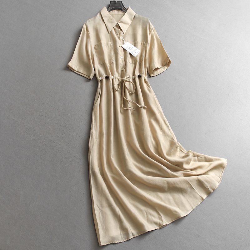 

Solid Beaded Light Waist Lace-up Waist Hugging Lapel Shirt Dress Leisure Commuter Drape Short sleeve Dress C580 Khaki S