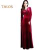 Abendkleid für Damen, goldener Samt, V-Ausschnitt, plissiert, A-Linie, reine Farbe, lange Ärmel, langes Kleid, hohe Taille, Abschlussball, Party, Maxikleid