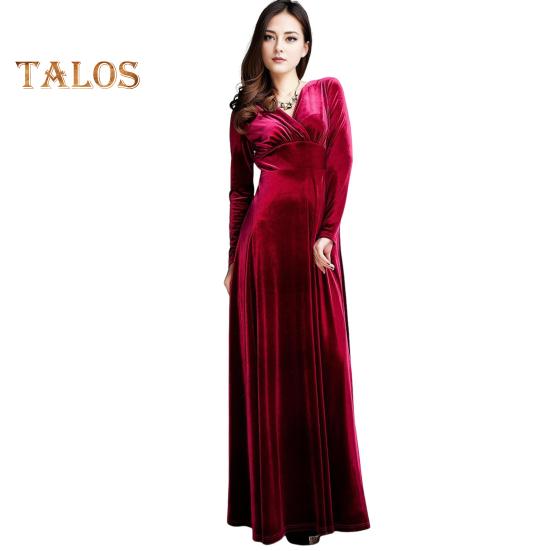 Abendkleid für Damen, goldener Samt, V-Ausschnitt, plissiert, A-Linie, reine Farbe, lange Ärmel, langes Kleid, hohe Taille, Abschlussball, Party, Maxikleid