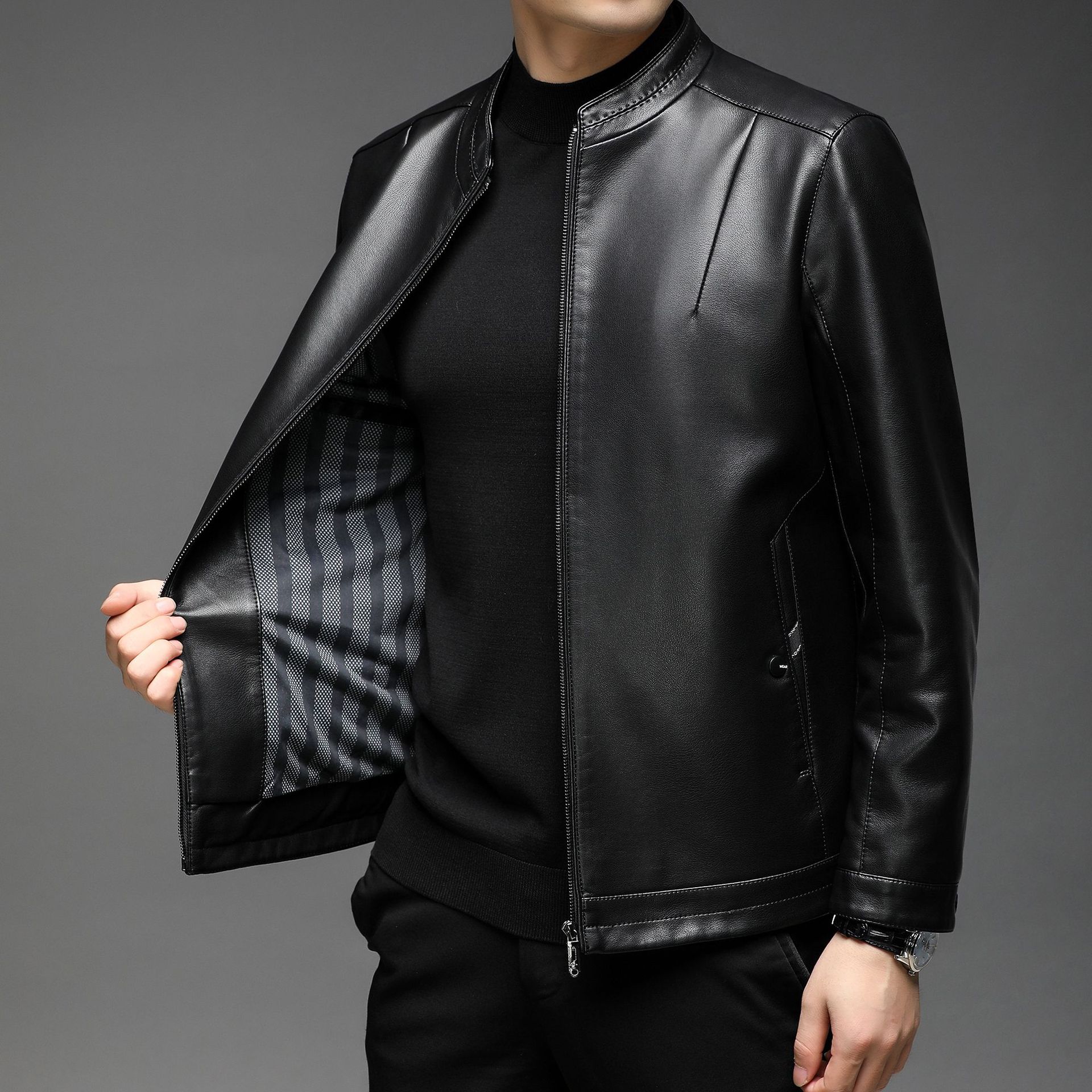 

Осень и зима Новая мужская кожаная куртка Кожаная куртка Деловая повседневная с воротником-стойкой Флисовая утолщенная ветрозащитная молодежная кожаная куртка 195