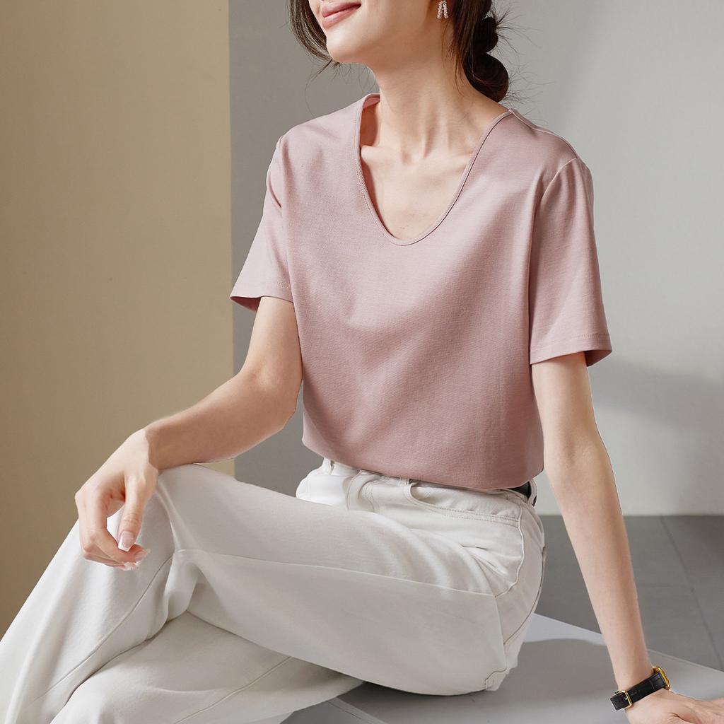 Fashionable V-neck short sleeved t-shirt for women in 2026 summer, loose and casual, versatile solid color top