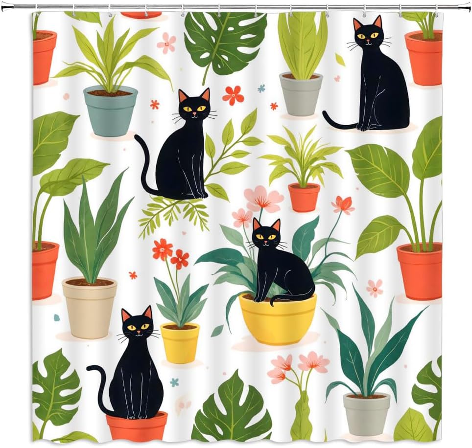 Black Cat Green Leaves Shower Curtain Cats Potted Succulent Tropical Plant Cactus Leaf Watercolor Monstera Floral Botanical