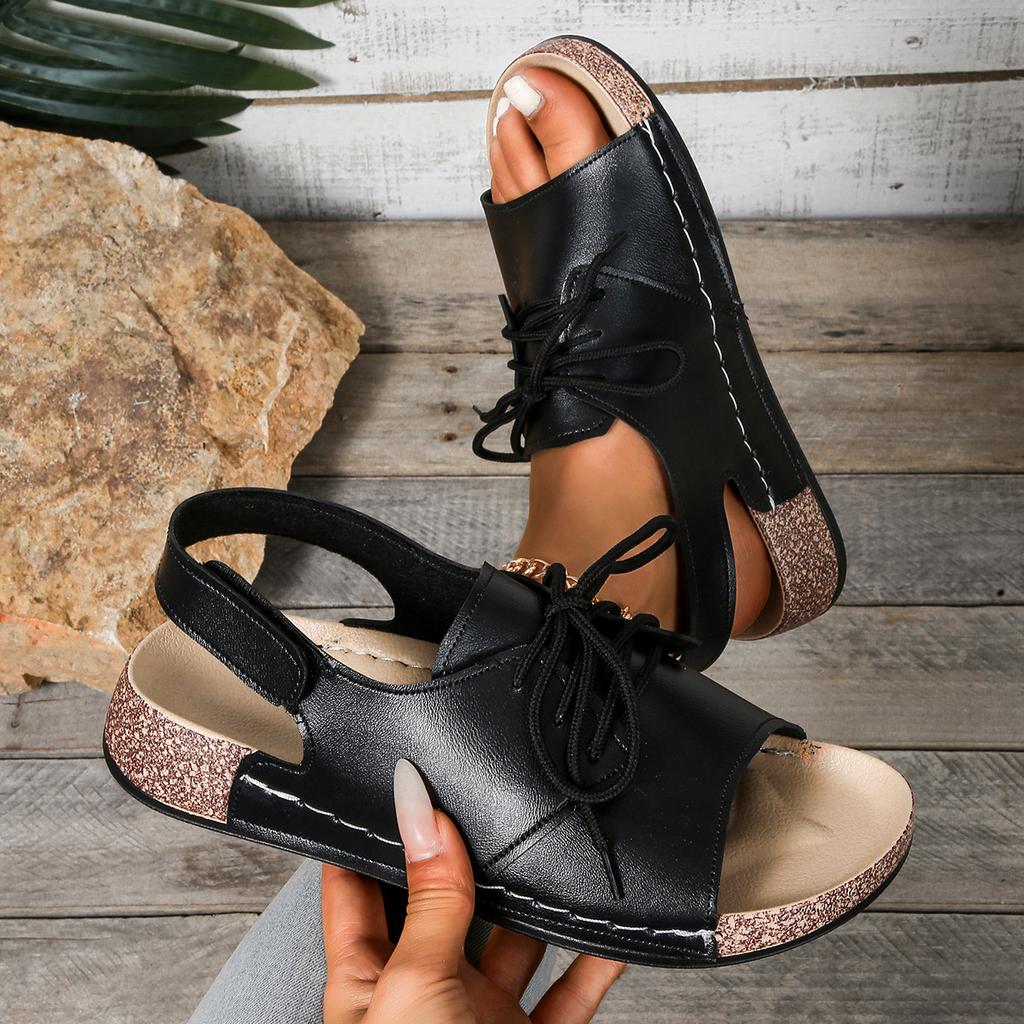 Slope Heel Cool Slippers Women's Summer New One-pedal Lace-up Fish Mouth Thick-soled Velcro Sandals