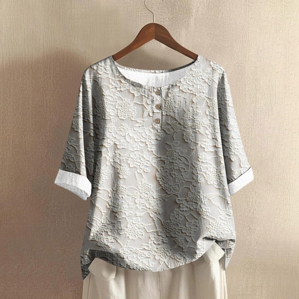 Women's Fashionable And Casual Shirt Half-sleeve Round Neck Print Cotton And Linen Blouse Top