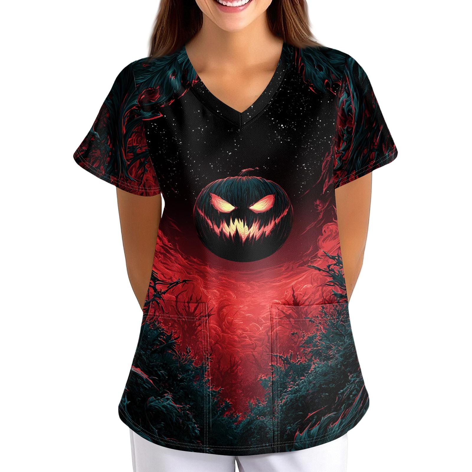 Women s Halloween Print Costume V-Neck Short Sleeve Loose Fit with Pockets XL красный