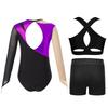 Girls Dance Costume 3 Piece Set Keyhole Back Leotard Mesh Sleeves Contrast Color Vest Rhinestone Shorts