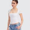 Women Tee Shirt Square Collar Short Sleeve Pullover Tops Slim Fit Solid Color T-shirt