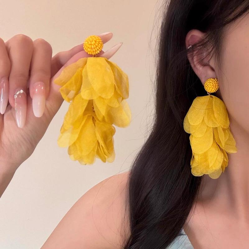 Exquisite Summer Flower Earrings Sweet Chiffon Dangle Drop Earrings For Women Boho Tassel Ear Jewelry Beach Party Accessories