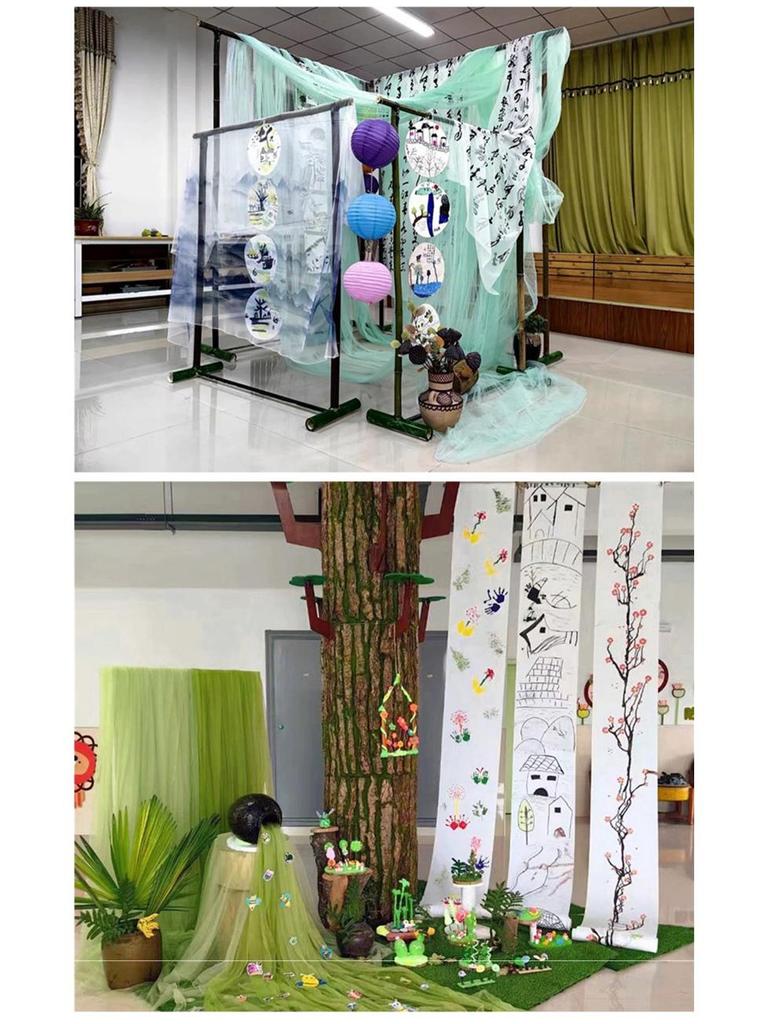 Green Gauze Curtain Gazebo: New Chinese Style Mesh for Outdoor Decor, Kindergarten Design, or Home Environment Arrangement.
