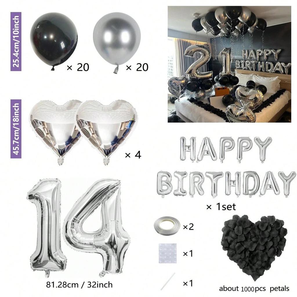 Black Silver Party Birthday Banner Heart-Shaped Aluminum Foil Balloon Rose Petals, Birthday, Anniversary, Atmosphere Decoration