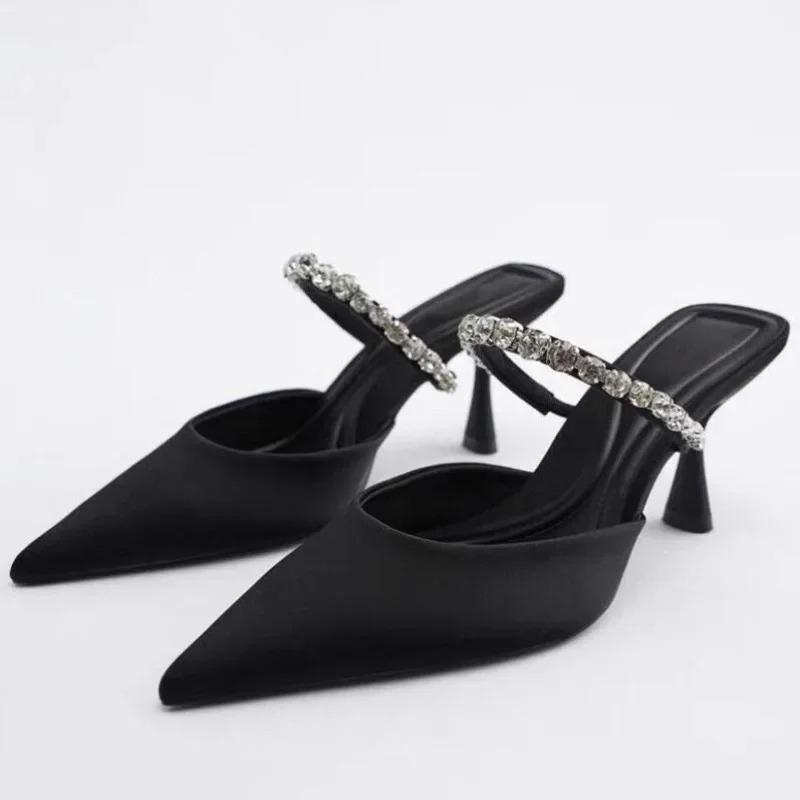 Fashion 2025 Summer High Heeled Mules Shoes for Women Beige Black Suede Shiny Diamond Chain Sexy Pointed Toe Party Sandals Slingbacks