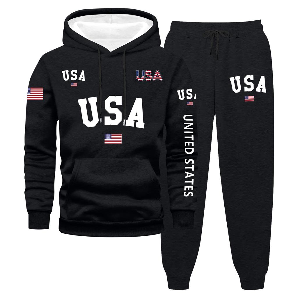 USA Letter Print Hoodie und Jogginghose Set Unisex Pullover Langarm Kapuzenoberteil und Kordelzug Jogginghose Zweiteiliges Outfit