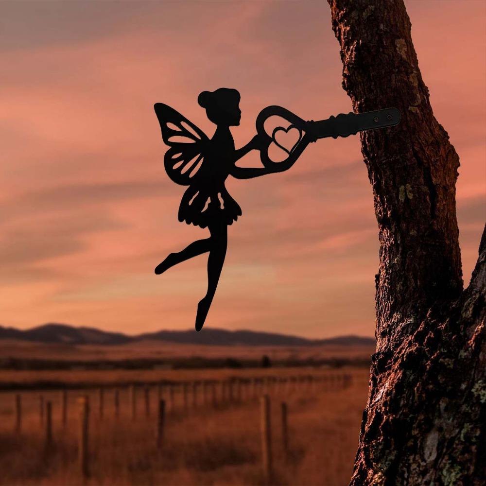 1pc Angel On Branch Steel Silhouette – Metal Wall Art for Home, and Patio, Outdoor Statue Stake Decoration, Ideal for Birthdays