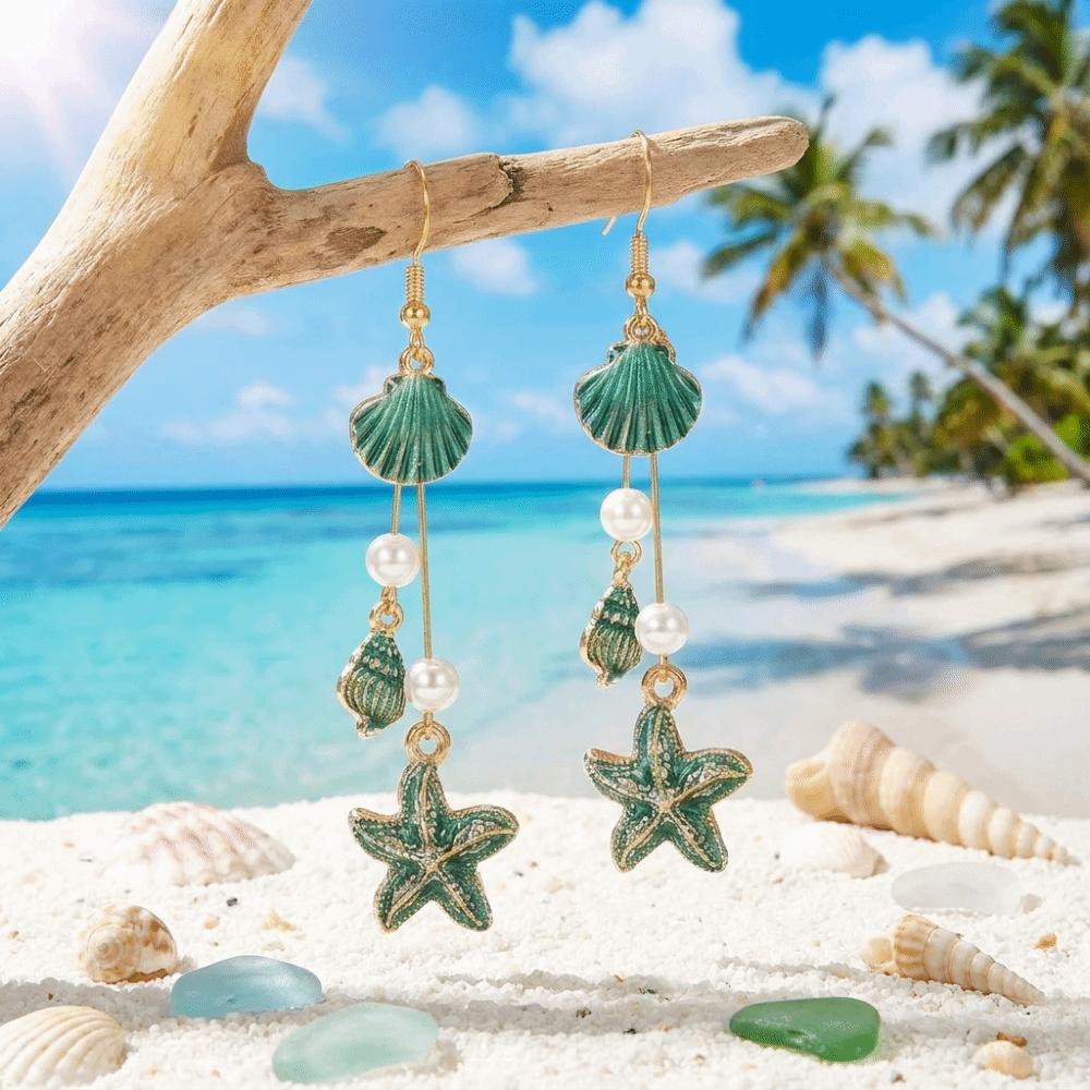 Bohemian Style Alloy Starfish Drop Earrings Conch Shell Long Tassel Earrings Geometric Shape Elegant Enamel Earrings Vacation