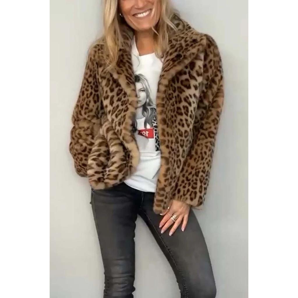 2025 Women's Faux Fur Coat With Leopard Print Collar - Winter Wool Blend Jacket, Fashion Animal Print Notch Lapel Cruelty-Free Statement Outerwear