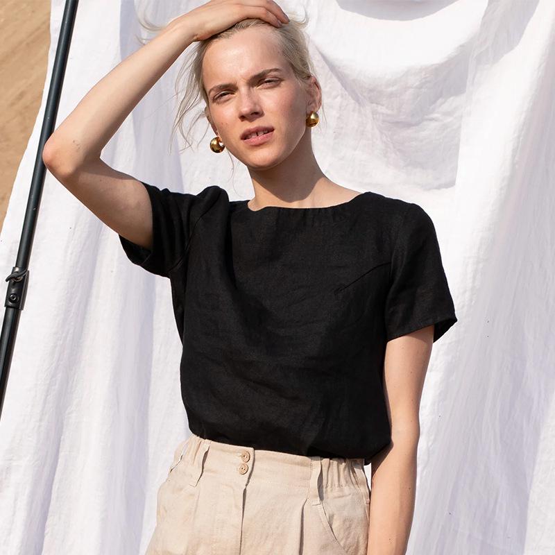 

Женская летняя удобная льняная футболка с коротким рукавом и круглым вырезом 2025 - Повседневная, Дышащая, Однотонная, Свободного кроя Small чёрный