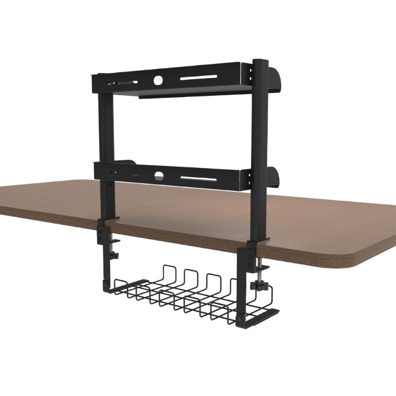 Clamp Desk Shelf for Office Supplies, Two-Level Metal Desktop Storage with Edge Mounting, Cord Routing, and Black Finish for Study Desks