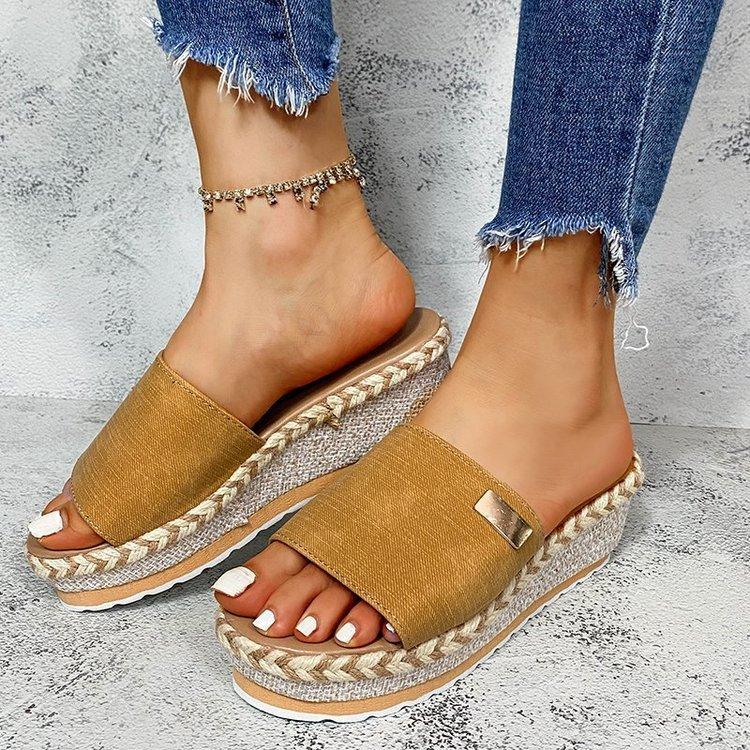 Foreign Trade Large Size Women's Shoes European and American Summer New  Heel Hemp Rope Slippers Women's Thick-soled Cool Slippers Women's Outer Wear