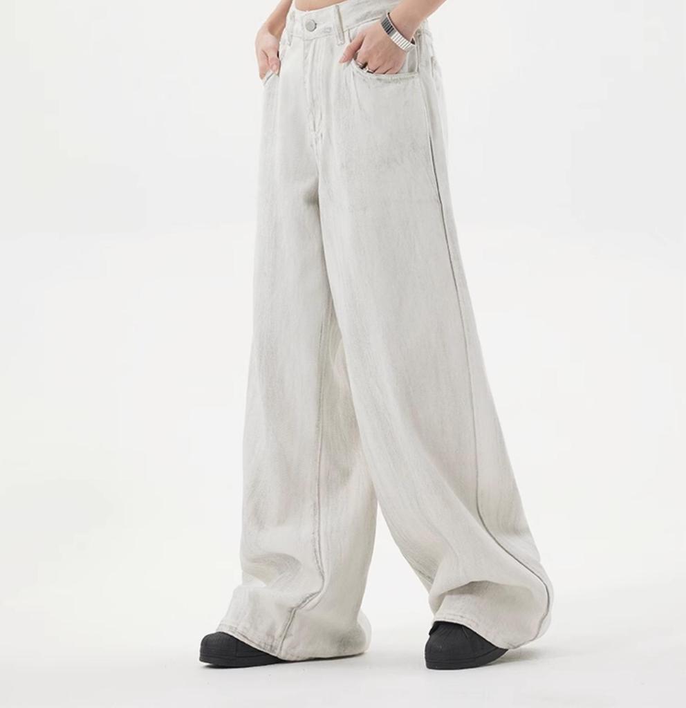 2025 Unisex Distressed Washed Wide-Leg White Gray Jeans - Casual Loose Fit