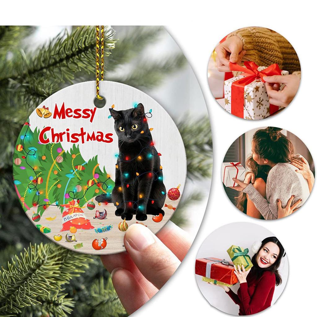 Christmas Tree Pendant Decor Acrylic Black Cat Ornament Festive Decoration for Wall Window Door Unique New Year Present