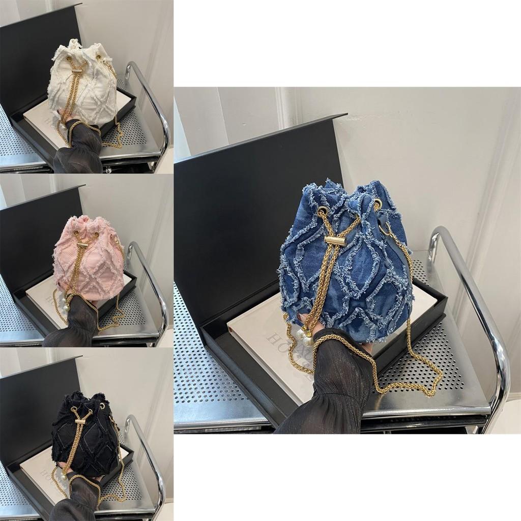 Elegant Black And Pink Canvas Bucket Bag For Women With Chain Shoulder Strap For Trendy Casual Wear