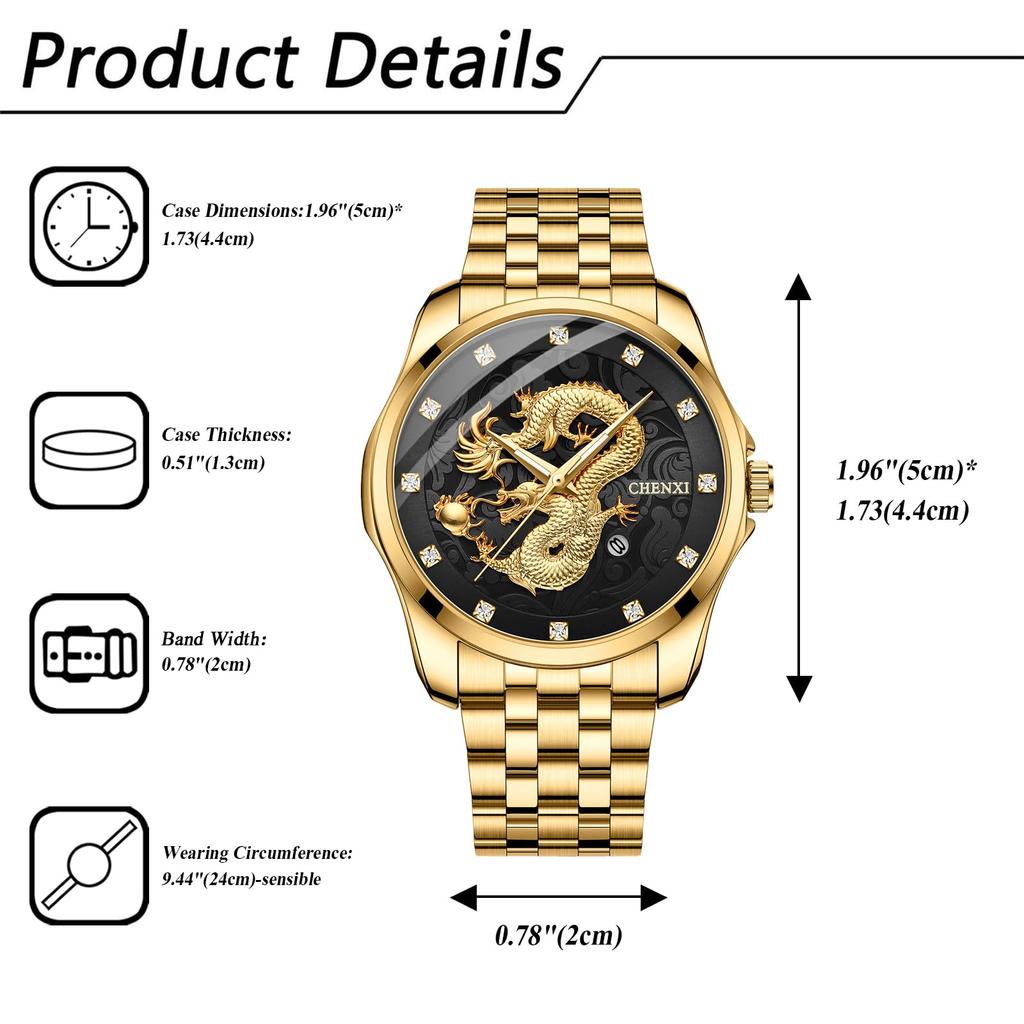 Dragon Watch Men Stainless Steel Gold Luminous Analog Calendar Dragon Quartz Watch Vintage 3ATM Waterproof Men Fashion Accessory Gold